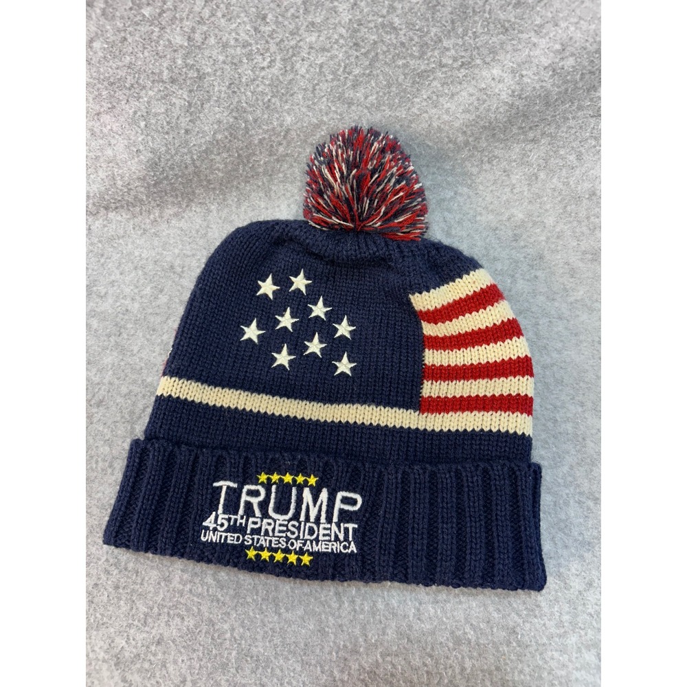 Trump 45th President Unisex Navy Trump Beanie American Flag Knit Pom Hat OSFM